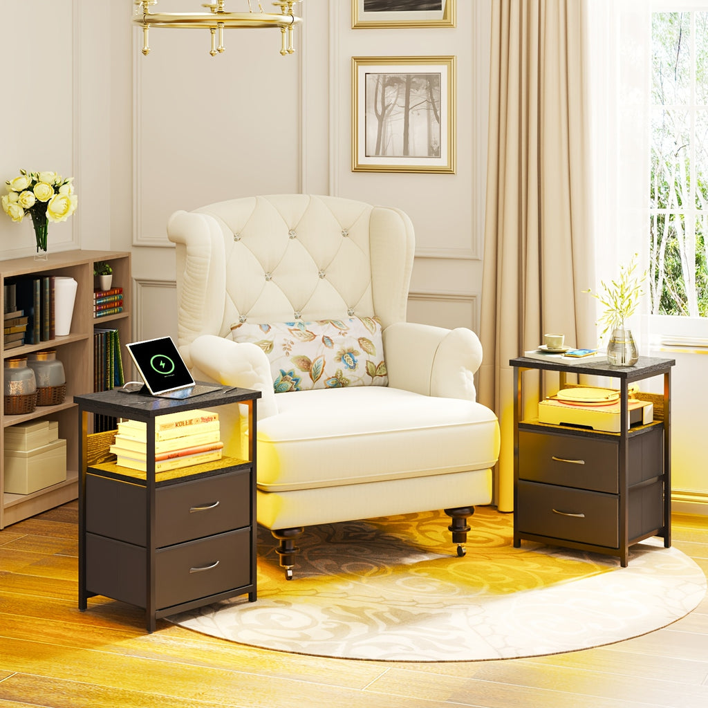 [LED Nightstand Set] WHONLINE 1/2pcs Night Stand With Charging Station, LED Nightstand Set Of 1/2, Smart Night Stand With U-S-B Ports And Outlets, 2 Fabric Storage Drawers With PU Finish, Bed Side Table For School And Dormitory Storage, White Or Black