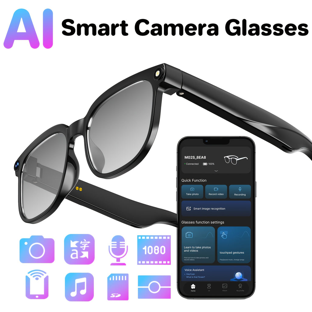 Smart Camera Glasses, 8MP HD Video Recording Glasses (with Audio Function), Wireless Camera With Photochromic Lenses, Real-time Translation, Voice Assistant, Object Recognition, Hands-free Music And Calls.