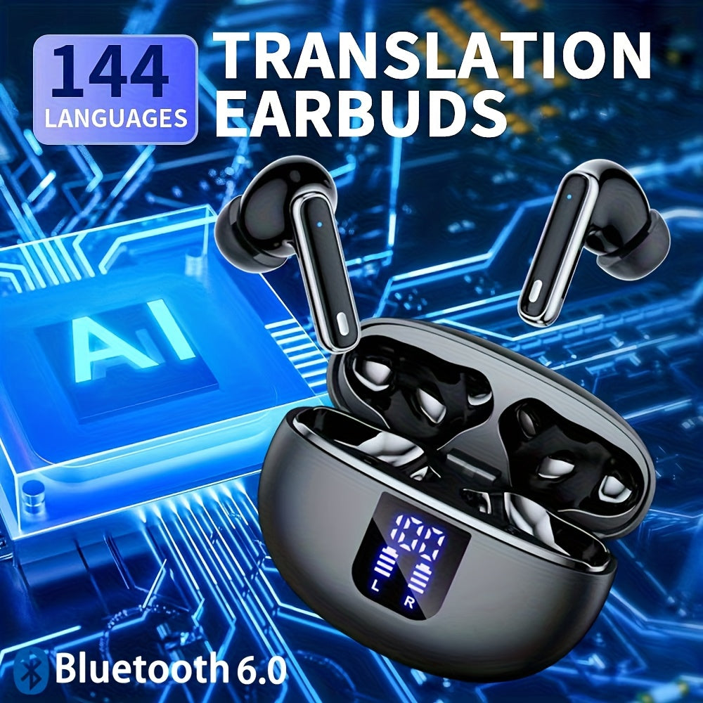 AI Translation Earphones Smart Noise Cancelling Earphones 3-in-1 Translate 144 Languages, 6 Microphones Noise Cancelling Long Battery Life, Hifi Sound Quality, Smartphone Universal, Perfect for Business And Travel