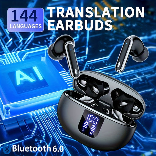 AI Translation Earphones Smart Noise Cancelling Earphones 3-in-1 Translate 144 Languages, 6 Microphones Noise Cancelling Long Battery Life, Hifi Sound Quality, Smartphone Universal, Perfect for Business And Travel