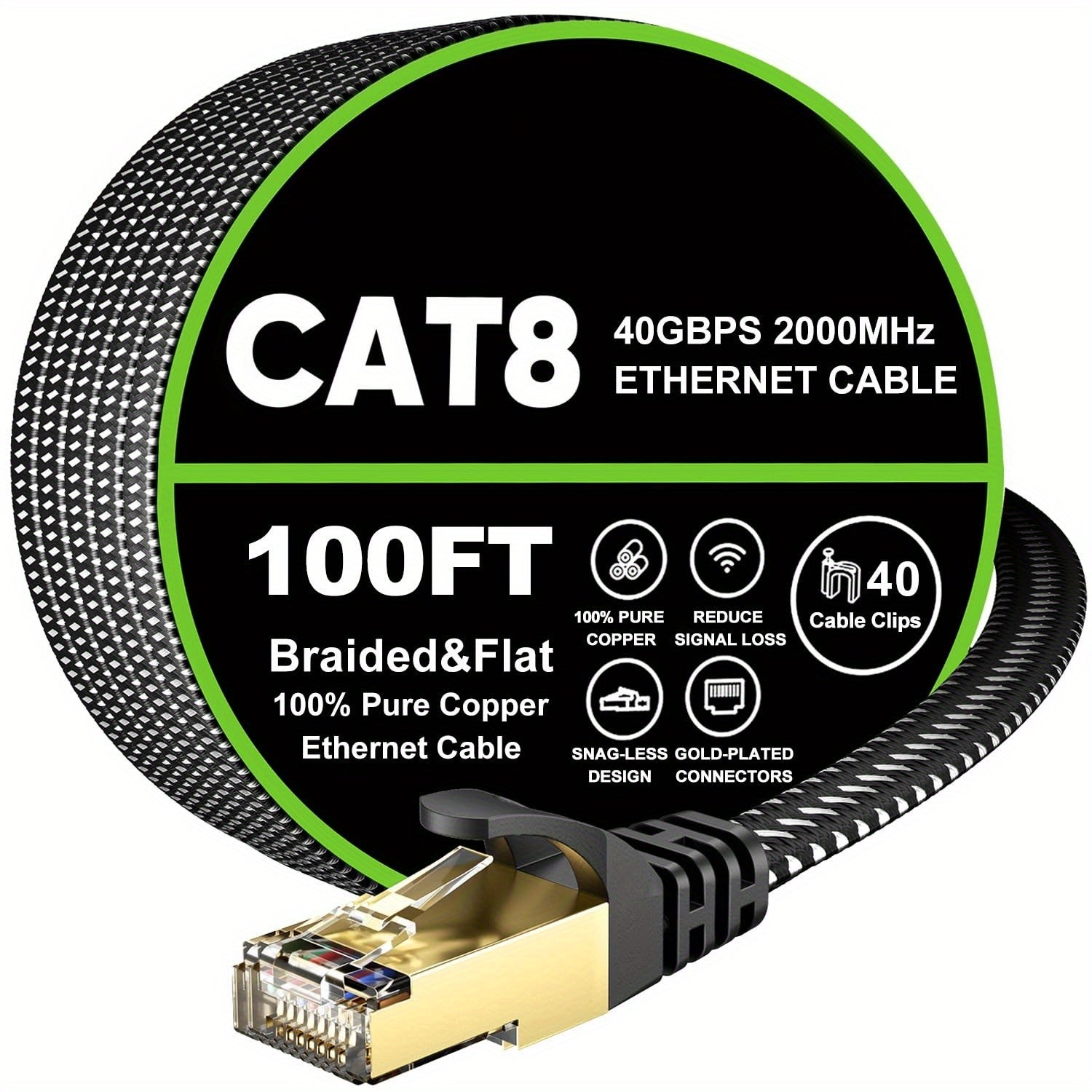 Cat 8 Ethernet Cable 100ft Flat Braided, High Speed 40Gbps 2000Mhz Internet Cable with Gold Plated RJ45 Network LAN Cable SSTP, Heavy Duty Ethernet Cord Compatible for PS4/ 5, for Modems, PC/ Laptop