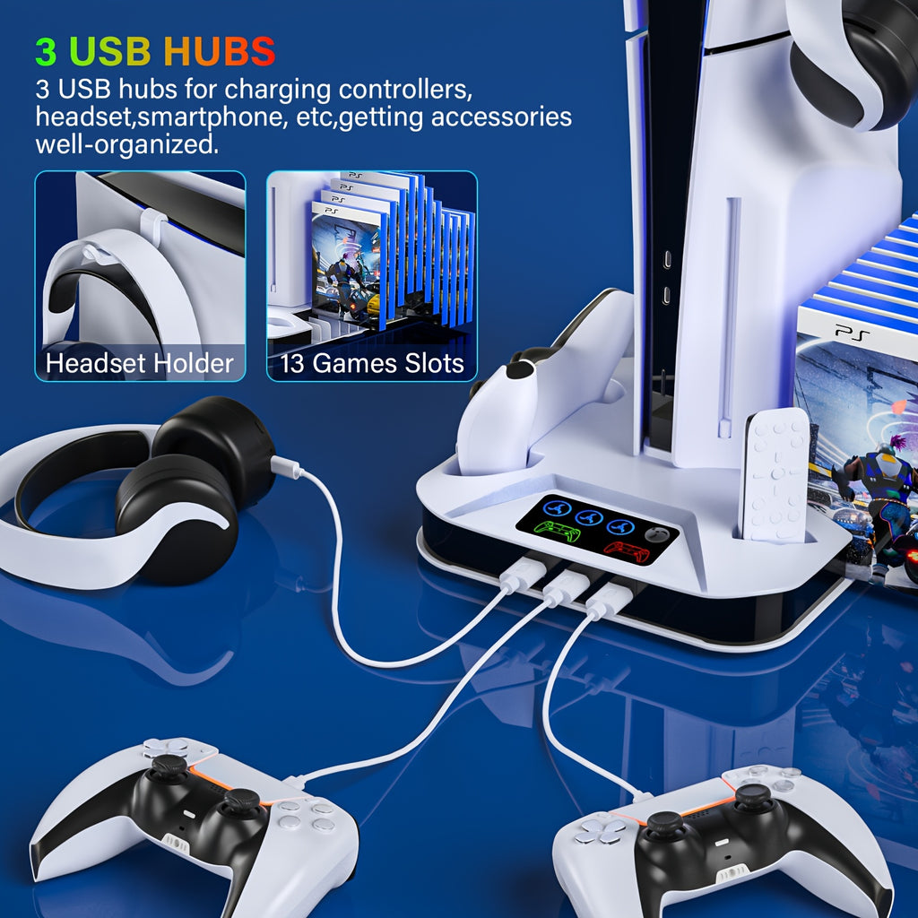 for PS5/Slim/Pro Cooling Station with Controller Charging Station for Playstation 5 Slim&Standard Disc/Digital Console, for PS5 Slim Stand Cooler Accessories Incl Cooling Fan/3 USB Hubs/Headset Holder/Screw - Christmas Gifts