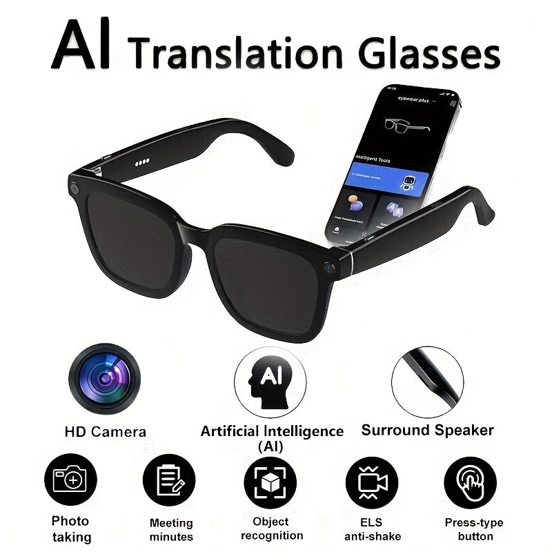[AI Smart Glasses] AI Smart Glasses | 4K Camera, Real-Time Translation & Object Recognition, Open-Ear Audio, Ultra-Light Design, Max 8hrs Playtime for Outdoor, Work, Travel, Business - Black
