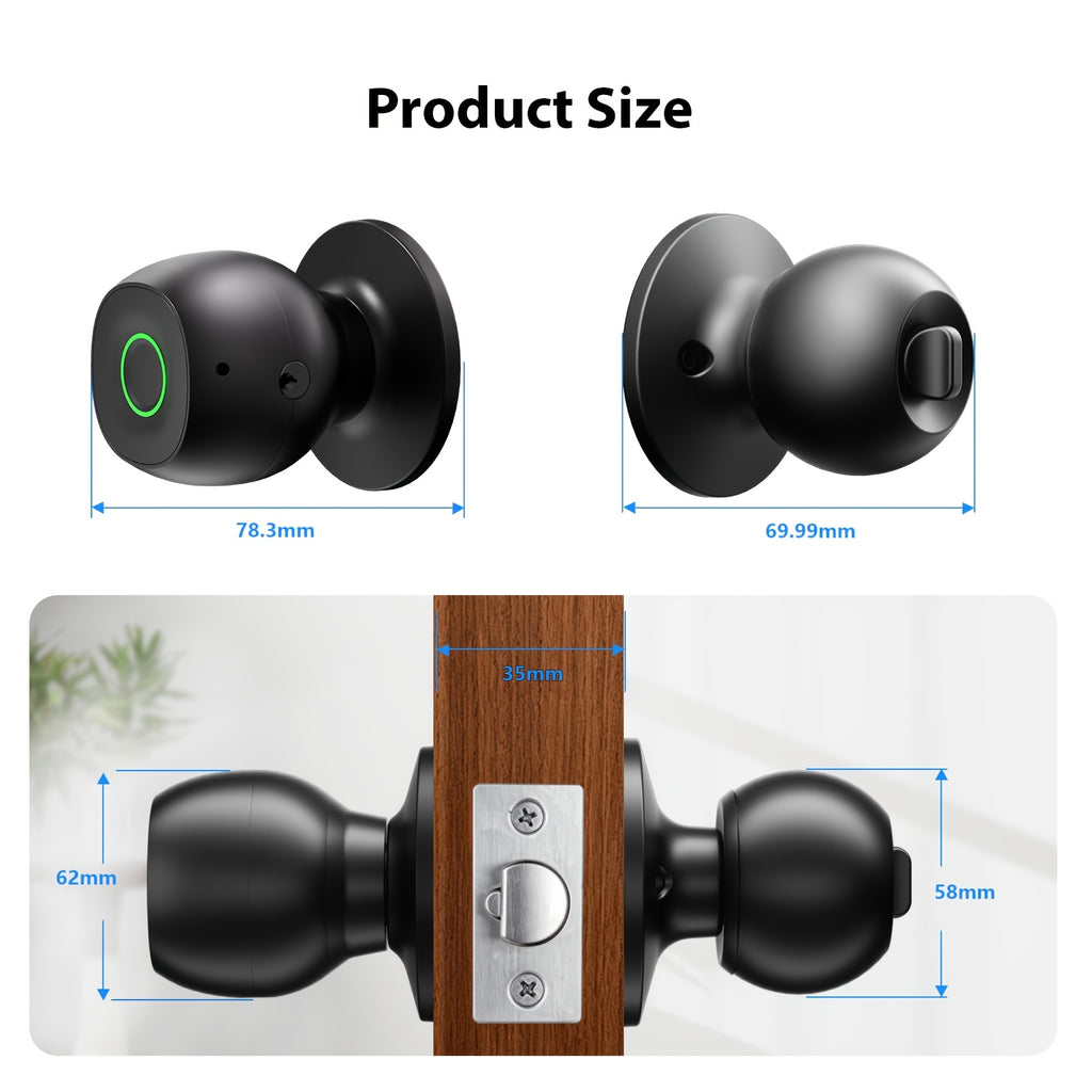 Smart Door Knob Lock, Keyless Entry Door Lock With Fingerprint, Biometric Entry, App-Controlled Wireless Connection, Physical Key, Suitable For Bedroom Home Hotel Office