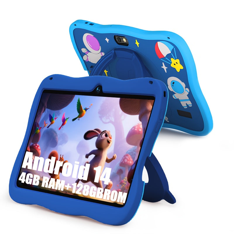 Children's Tablet Computer 7 Inches 128GB ROM 4GB RAM, Android 14, 5G WiFi, GMS, Eye Protection Screen, Parental Controls, Educational Applications, Dual Cameras, Shockproof Case, Games - Learning Device for Teenagers, Interesting Design