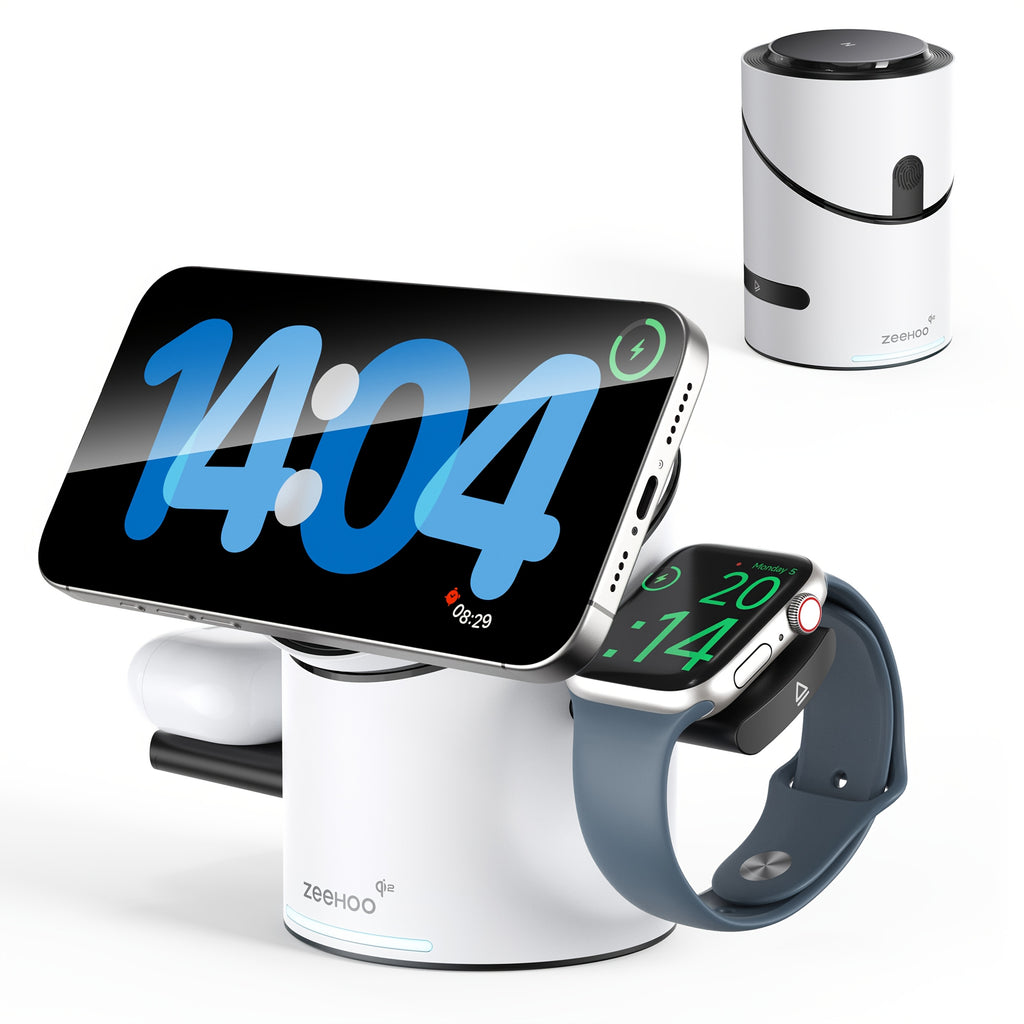 ZEEHOO Wireless Charging Station, CylinTrick-R Qi2 15W Fast Charging, 3-IN-1 Wireless Charger Station for Smart Watch, iPhone, Earbuds