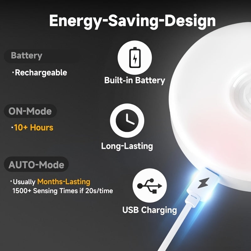 [USB Rechargeable] 12/6pcs Bright White LED Motion Sensor Night Lights, USB Rechargeable Wireless Wall Lamp, Dual Mode (Motion & Steady Light), Adjustable Brightness, Magnetic Adhesive Under Cabinet Lighting For Kitchen, Hallway, Stairs