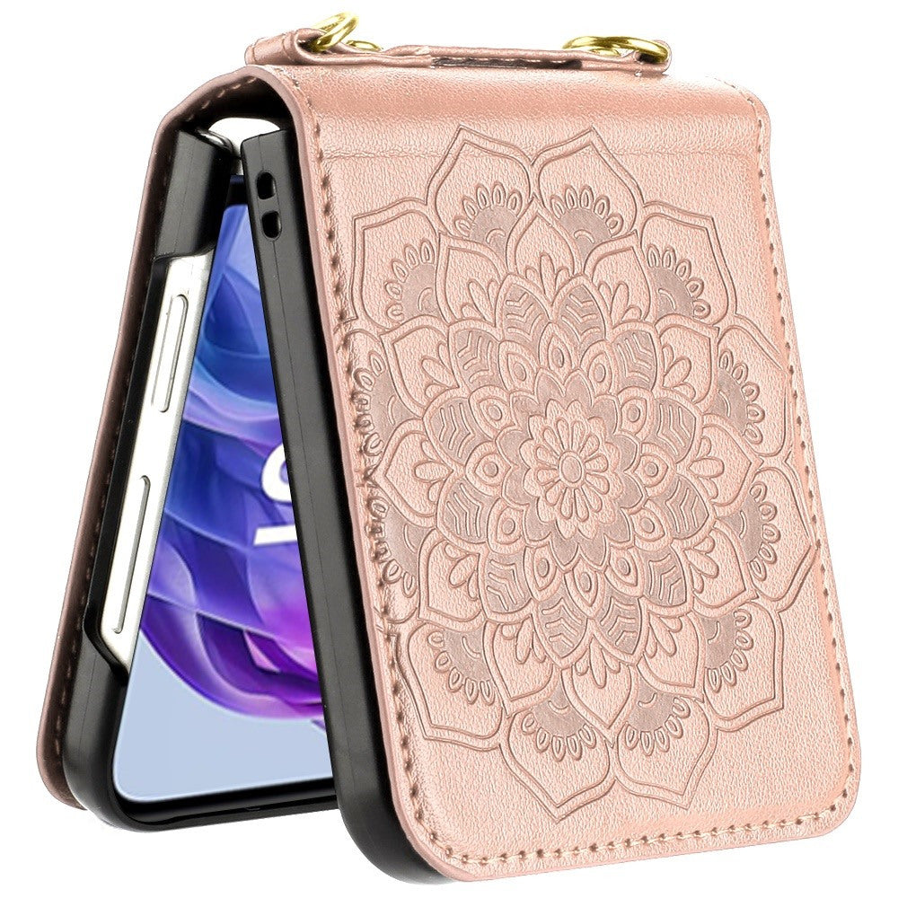 For Motorola Razr 2024 / Motorola Razr+ Plus 2024 Phone Case, Flower Embossed Floral Henna Mandala Design PU Leather Strap Lanyard Hybrid Protective Cover