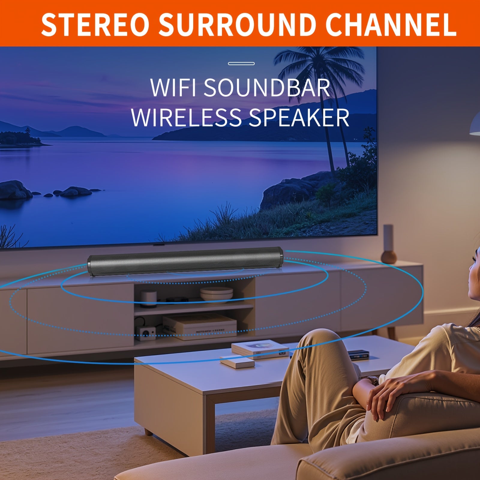 A 4D Echo Pearl Surround Sound Speaker System with Hi-Fi Subwoofer, Compatible with TVs and Computers. Features Infrared Remote Control with Both Wired and Wireless Functionality. A Portable Wireless Soundbar, Suitable for Laptops and Home Theater