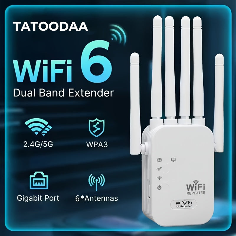 1200Mbps Wifi 6 Signal Booster And Mesh Network Extender - Dual-Band 2.4Ghz/5Ghz, 6-Antenna High-Speed Wi-Fi System, One-Click Control And for easy Setup, Full-Home Coverage, Compatible with Smart Tvs, Gaming Consoles, Smartphones, Tablets
