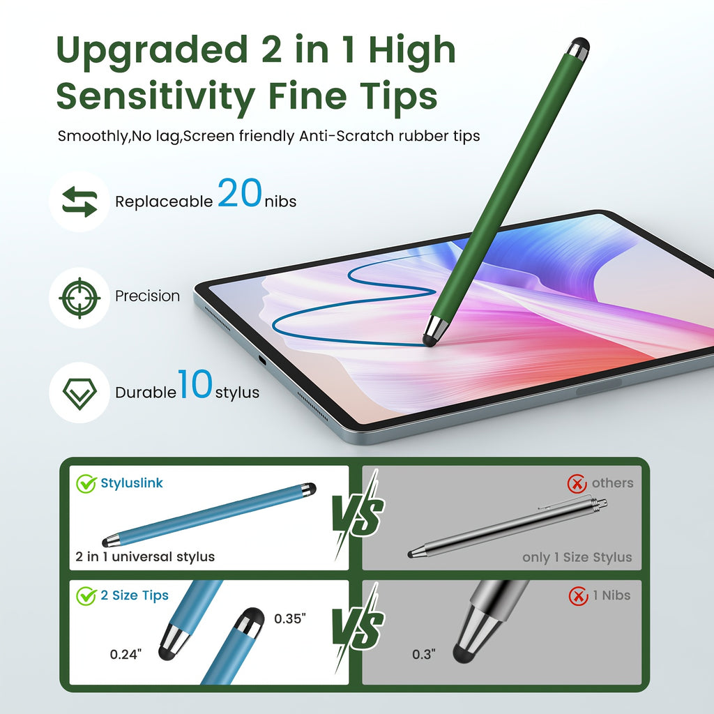 [10 Pack+20 Tips] 2in 1 Universal Stylus Pen for iPad iPhone Android Phone Galaxy Tablets Laptops Chromebook All Touch Screens, Student Gift Idea
