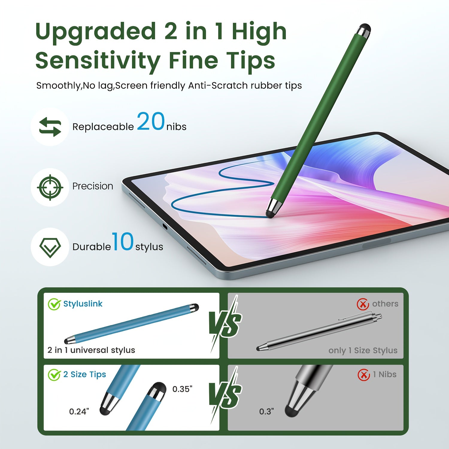 [10 Pack+20 Tips] 2in 1 Universal Stylus Pen for iPad iPhone Android Phone Galaxy Tablets Laptops Chromebook All Touch Screens, Student Gift Idea