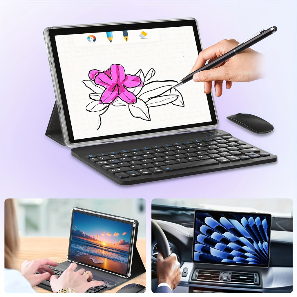 Andriod Tablet PC 6GB (3GB+ 3GB Expand) RAM 128GB ROM 5G WiFi TYPE C Charge 10. 1 Inch Display Touch Screen Dual Cameras with Pink Keyboard Mouse Protective Case Pen(pen Without Battery) New Android Tablet PC Mini 2in 1 Tablet