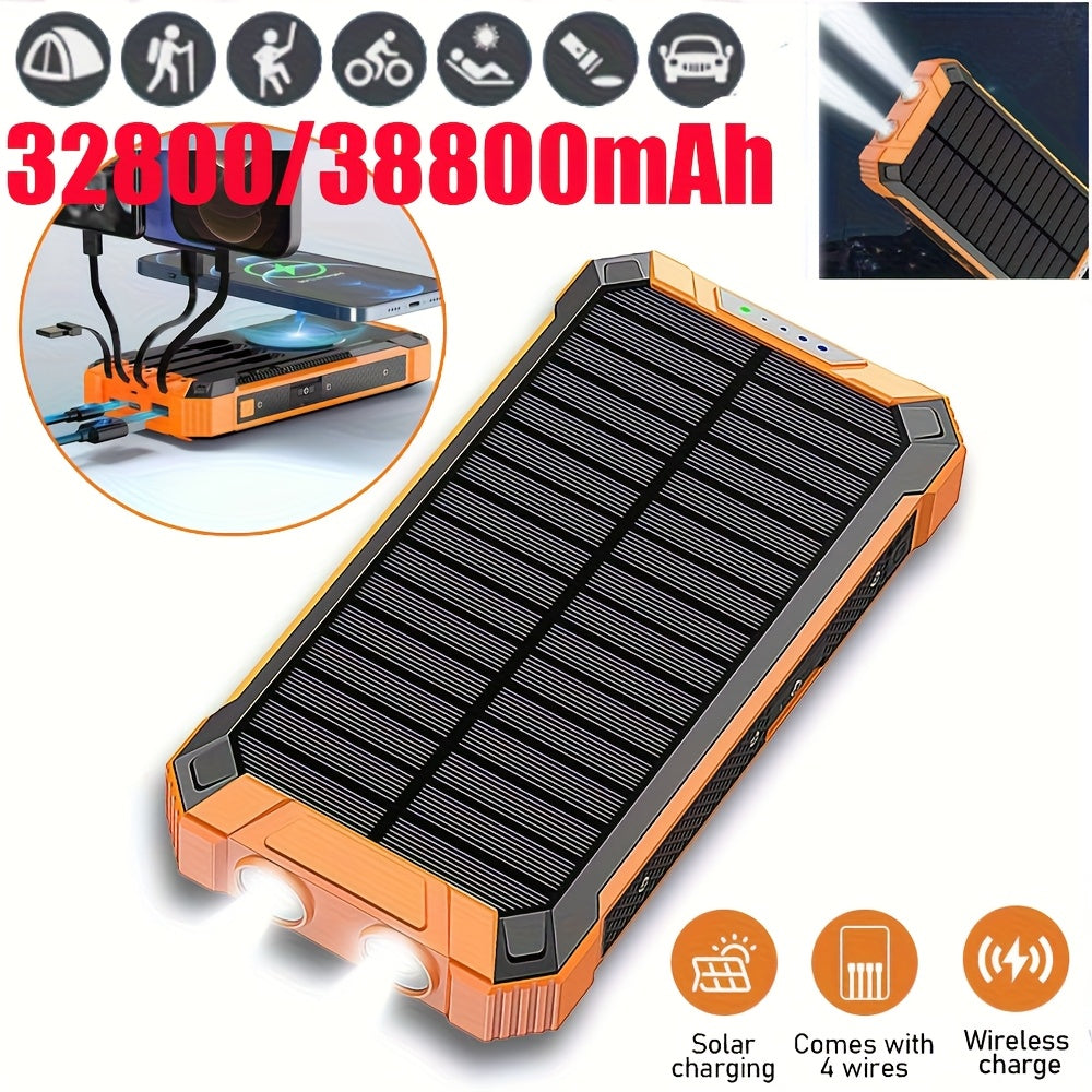 [Solar Power Bank] 32800/38800mAh Solar Power Bank Wireless Charger Built In 4 Cables 6 Outputs 15W Fast Charging Power Bank With Dual Flashlights -for Travel, And Camping External Backup Battery Pack, Emergency Backup For GPS, Flashlights, For IPhone 17/