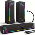 2 In 1 Computer Speakers, Wired PC Soundbar, Gaming Speakers For PC Computer Laptop Desktop, With Volume Control, Subwoofer, RGB Ambient Light, USB Powered Speaker With 3.5mm Aux (Only 2 Speakers Included, No Soundbar)