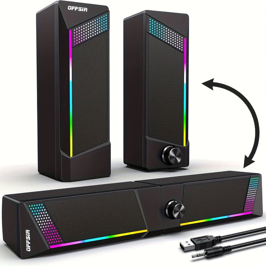 2 In 1 Computer Speakers, Wired PC Soundbar, Gaming Speakers For PC Computer Laptop Desktop, With Volume Control, Subwoofer, RGB Ambient Light, USB Powered Speaker With 3.5mm Aux (Only 2 Speakers Included, No Soundbar)