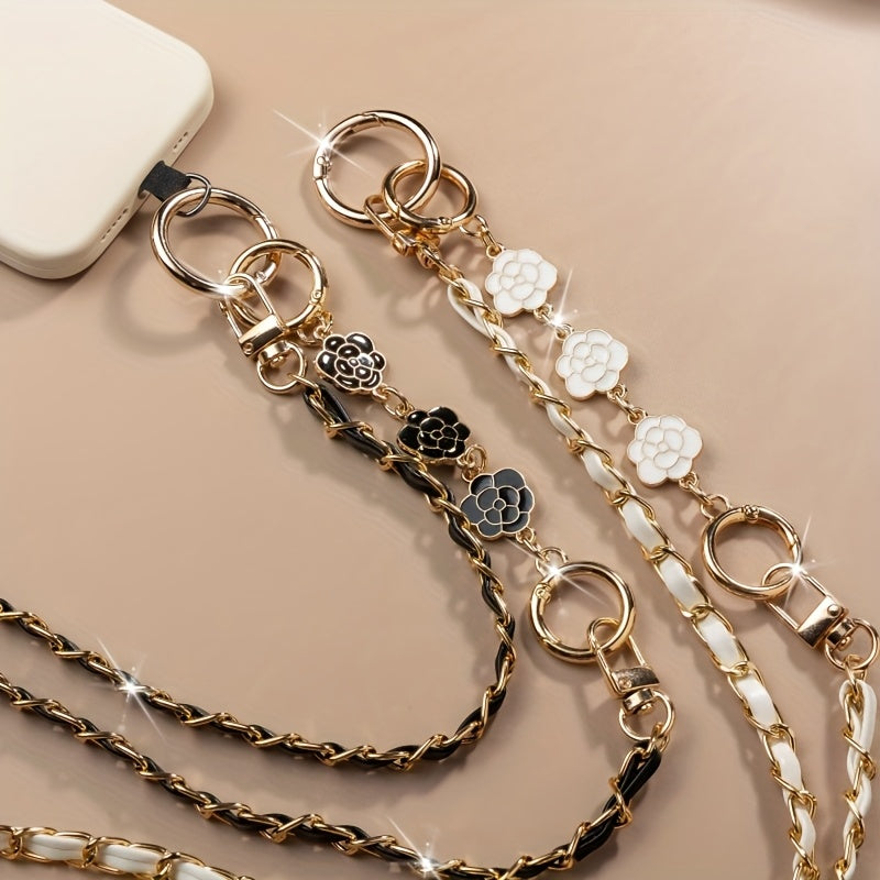 Long Crossbody Pearl Camellia Phone Strap with Metal Pearl Charm And Chain.
