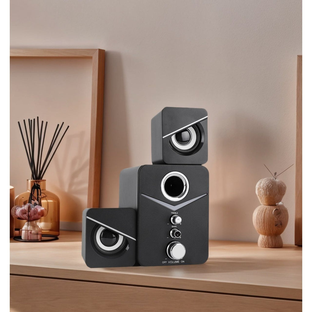 3-Piece Computer Speakers with Subwoofer – USB Desktop Speaker System with 3.5mm Audio Jack, Bass & Treble Control, Blue LED Light for PC/Laptop