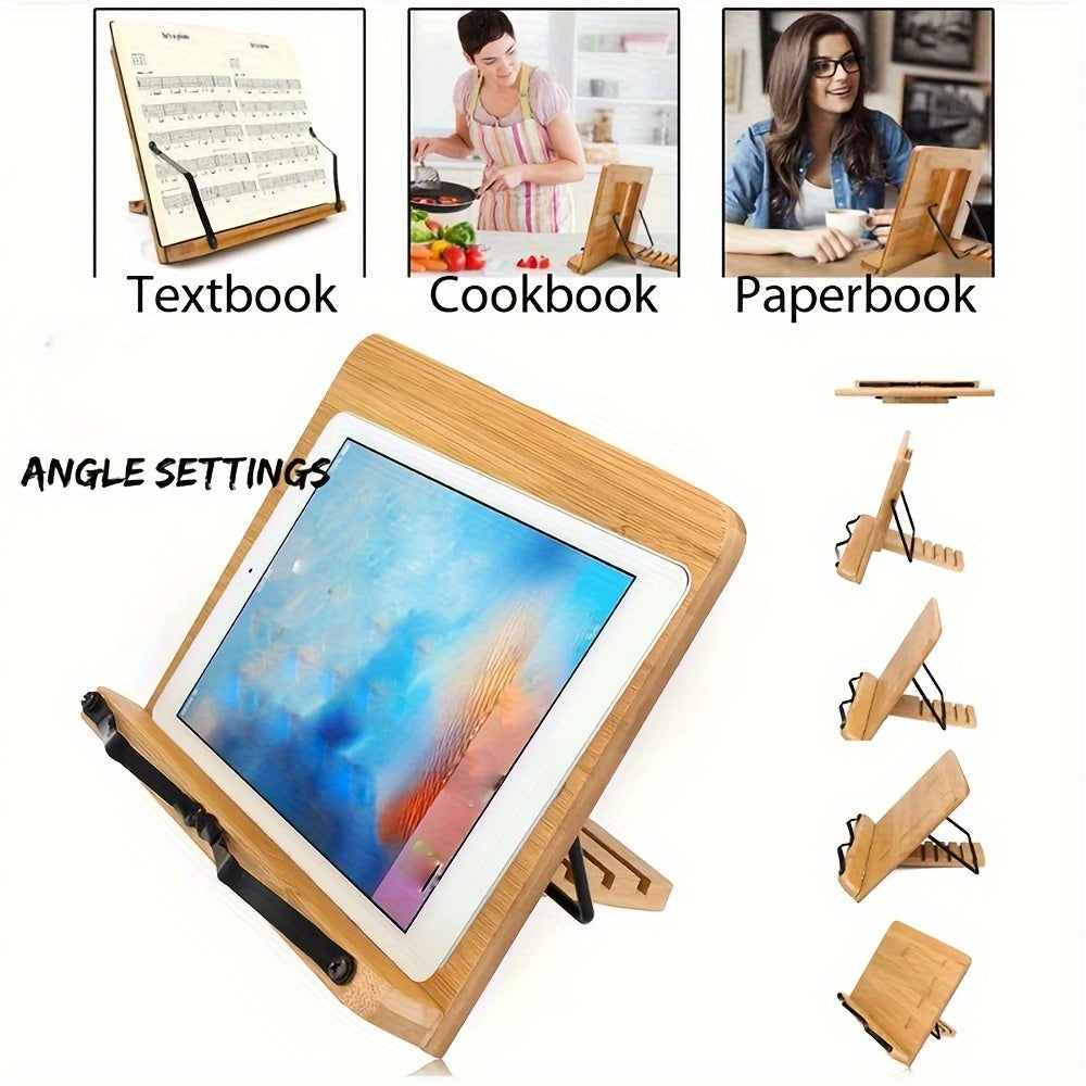 Adjustable Bamboo Book & Tablet Stand with Page Holder - Portable Folding Reading Stand suitable for Cookbooks, E-Readers, Tablets & Textbooks, Angle Settings & Page Clip System, Lightweight Sturdy Bookstand (11x7.9in)