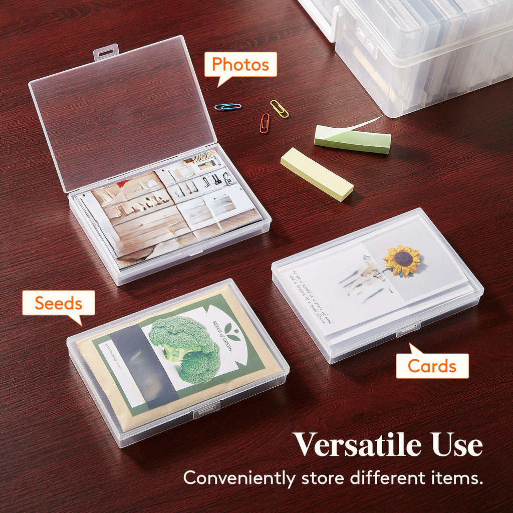 Photo Storage Box 4x6 Photo Case, 14 Inner Photo Keeper, Clear Photo Boxes Storage with 1 Sheet Label Sticker, Plastic Craft Storage Box with lids for Cards Pictures Stamps Office Supplies