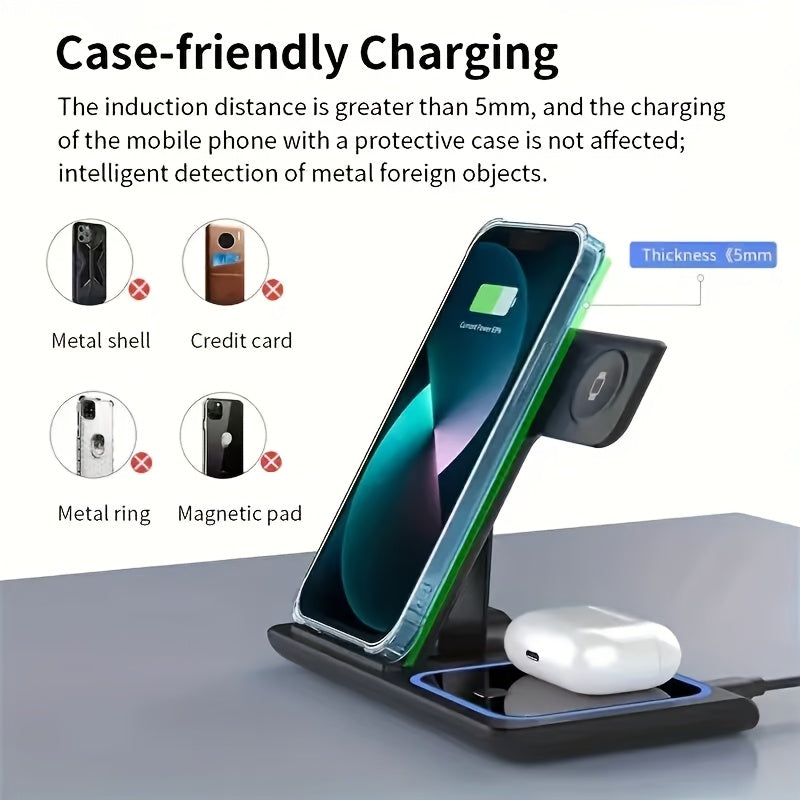 3-In-1 Wireless Charging Station, 15W Fast Foldable Mag-Safe Charger Stand, Compatible with iPhone 15/14/13/12/11/X/8 Pro Max/Pro/Mini/Plus, iWatch Ultra9/8/7/6/5/4/3/2, Airpods 3