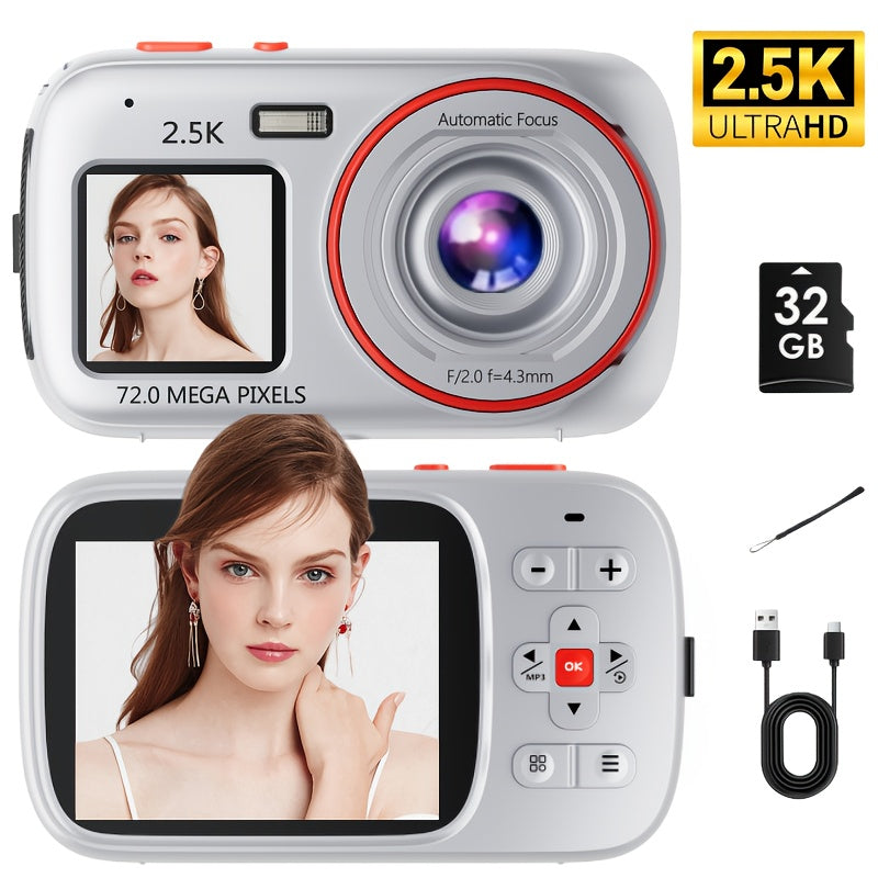 Digital Camera, Vlogging Camera, 72MP 2.5K Compact, 16X Zoom, Auto Focus - Vintage CCD Camera with 32GB Card - Ideal Retro Gift for Teens, Begginers