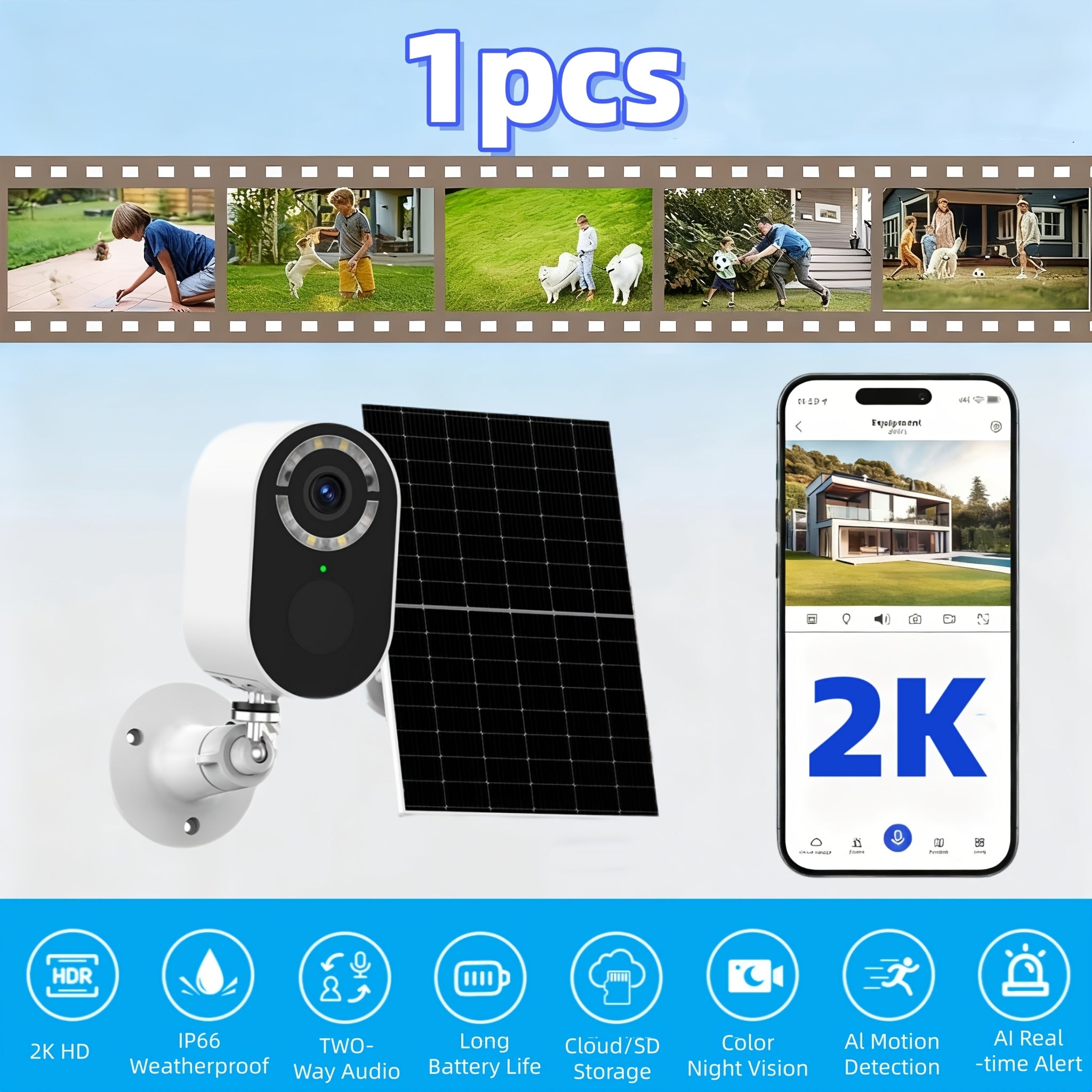 Outdoor Solar-powered Surveillance Camera, 2K High-definition Indoor/outdoor Low-power Monitoring, Waterproof, Pet/baby Surveillance Camera, 2.4G Wi-Fi, Two-way Voice Call, Human Figure Alarm Function, Color Night Vision