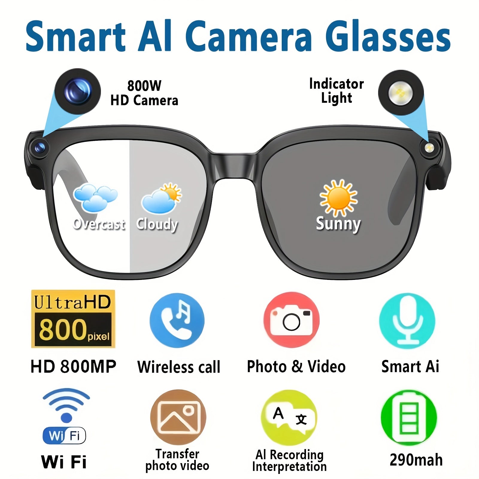 AI Video Glasses with Real-Time Translation (163 Languages) & 4K Recording - FPV Camera, 8MP Wide-Angle, 4GB Storage, Wireless, ic - Smart Glasses for translation Device, Action Camera for &, Travel/Driving