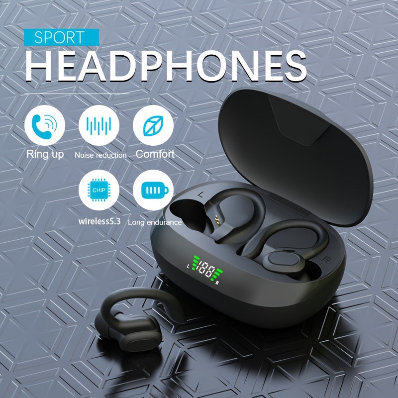 Open-Ear Wireless Earbuds 5.4, Wireless Sports Earphones with Built-In Microphone, Featuring Ear Hooks, 24 Hours of Playback Time, LED Display Charging Case, Suitable for Running And Fitness, in Black