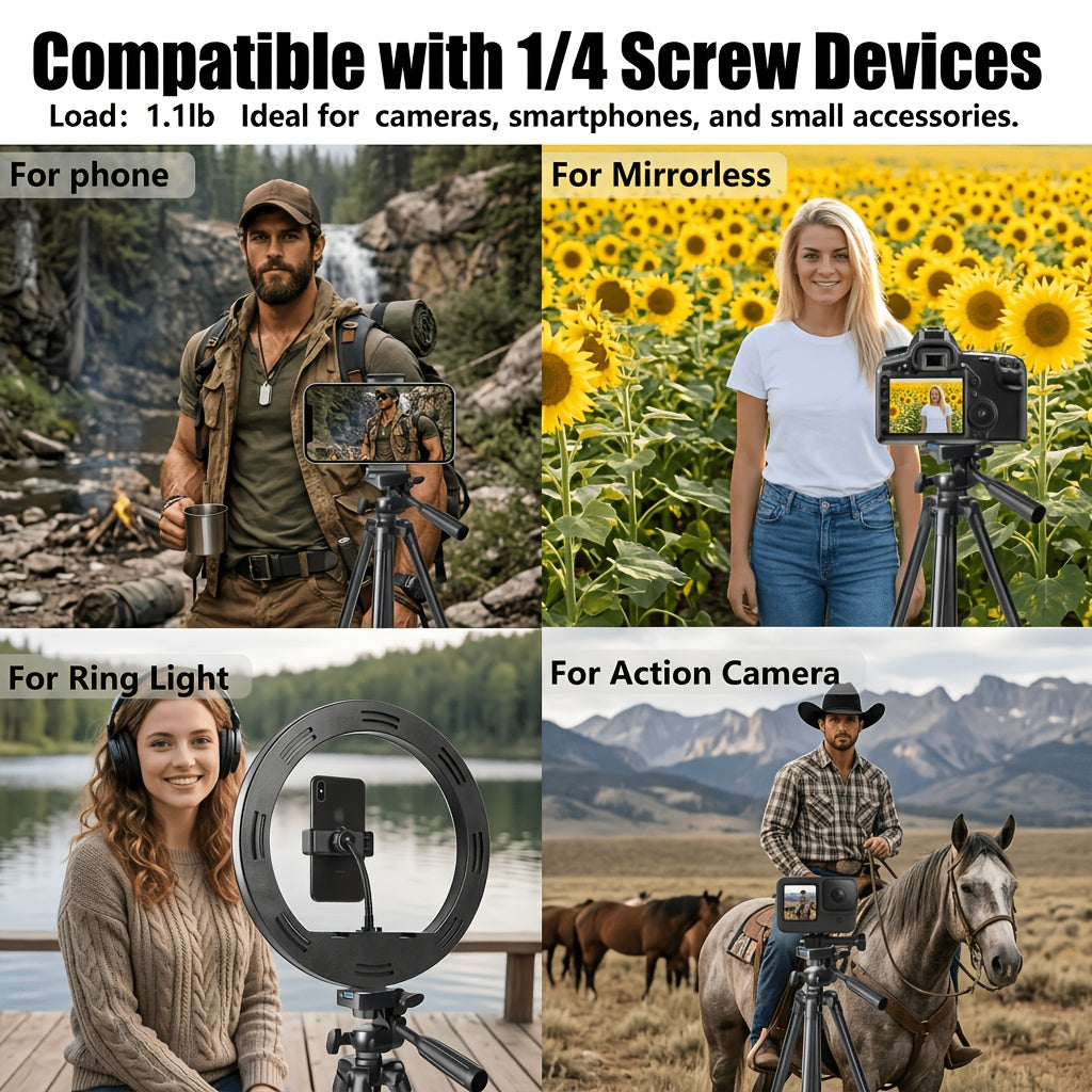 50" Tripod Stand for Camera, Phone Tripod Stand, Aluminum Travel Tripod with Quick Release Plates, Phone Clip & Carrying Bag, Camera Stand, Tripod for Cellphone, for DSLR, Smartphone, Action Camera, Ideal for Vlogging/Live Streaming/Outdoor Travel