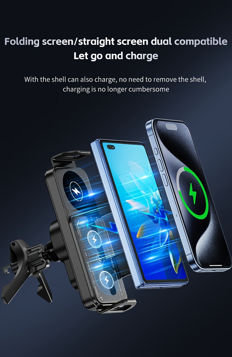 2025 New Car Holder Folding Screen Mobile Phone/tablet Holder 15W Wireless Fast Charging Two-in-one Automatic Rotating Magnetic Mobile Phone Holder Car Air Outlet Holder Suitable for Folding Screen Hands Samsung Galaxy ZFold6/5/4/3 Galaxy ZFold/notes