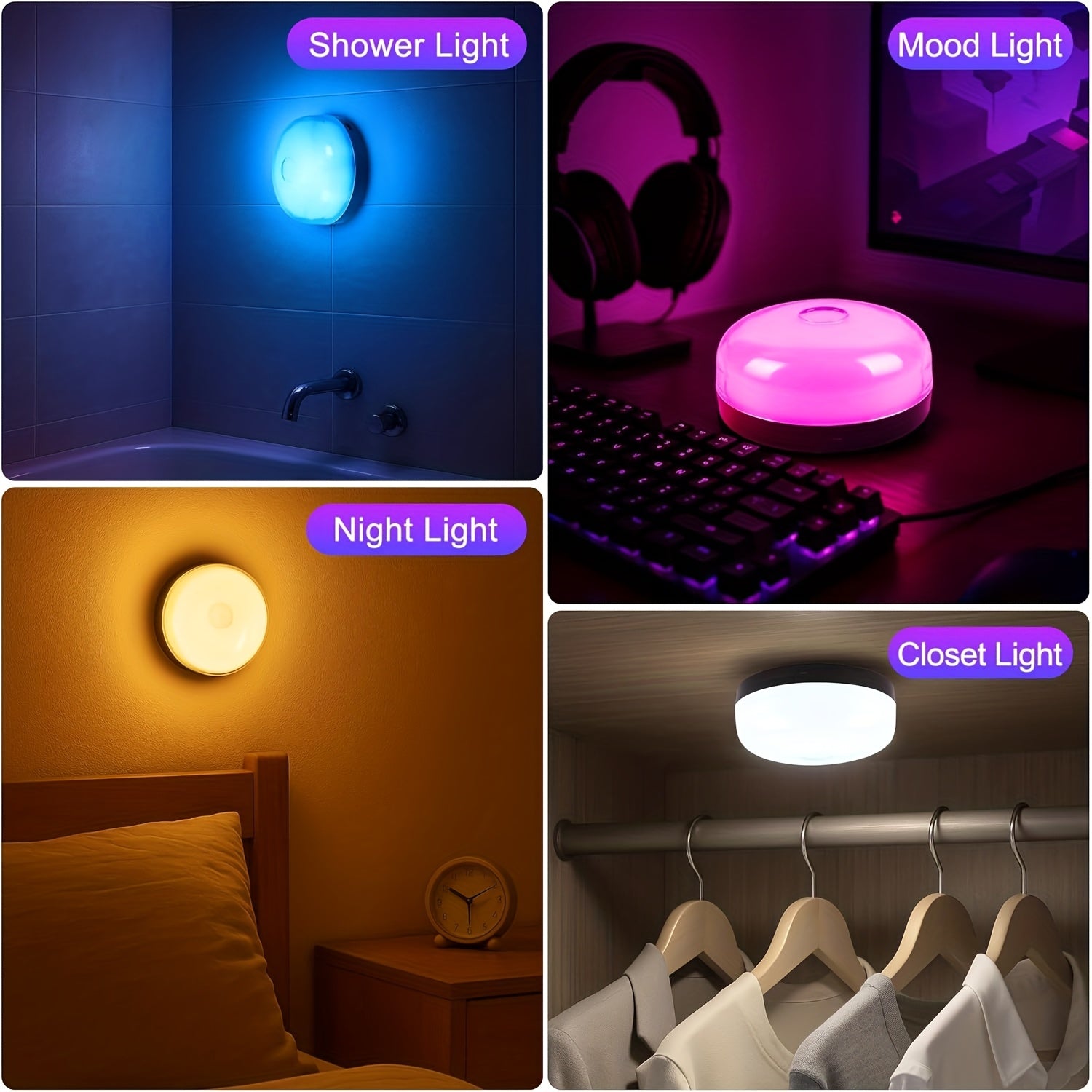 4/2-Pack Rechargeable RGBW Shower Light, 15 Color Changing Ambient Mood Lamp With Cool White, Battery Operated Magnetic Wall Sconce & Ceiling Light With Remote (Dimmable & Timer) For Bathroom, Closet, Hallway, Party Ambient Lighting, Party Decor