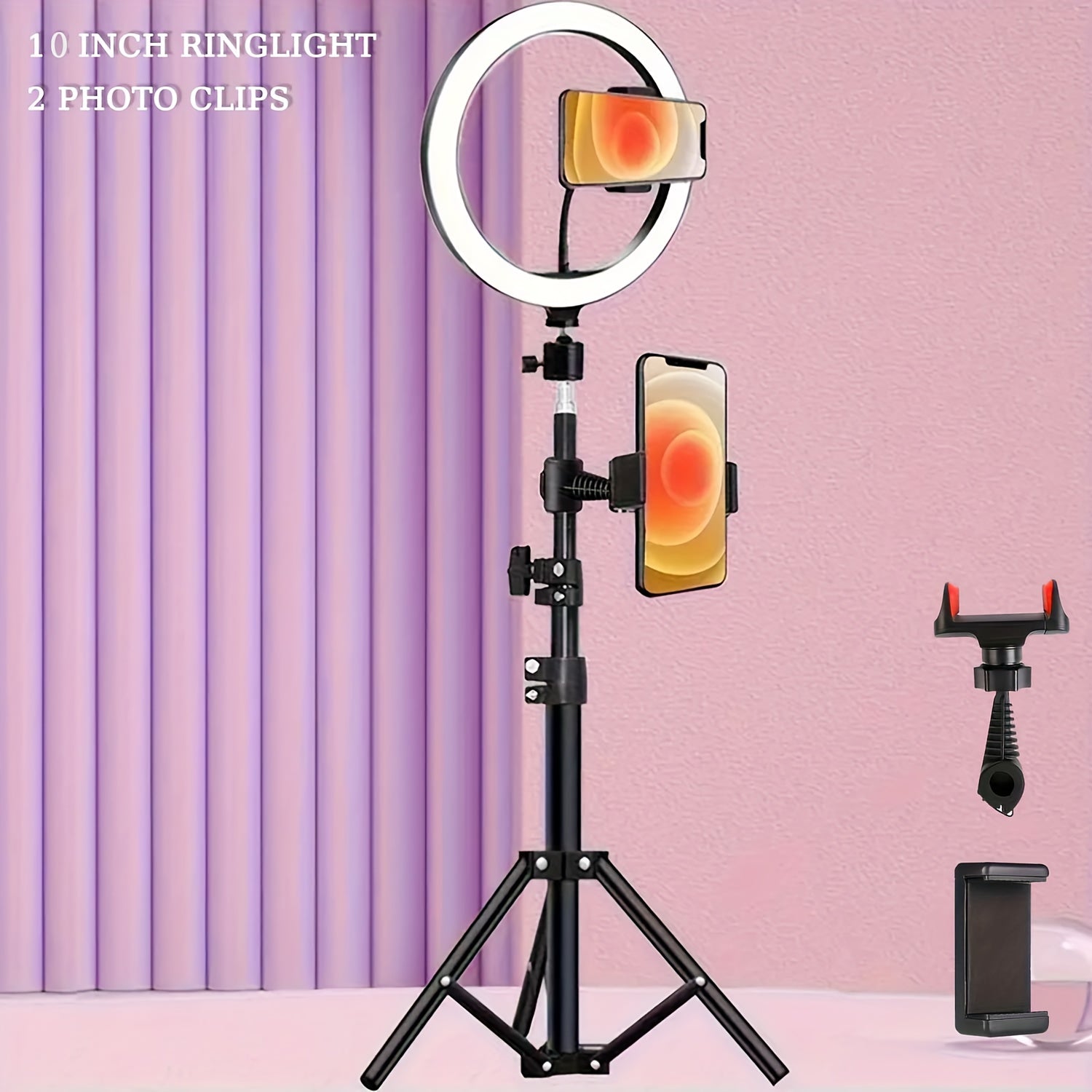 10 Inch Selfie Ring Light with And 2phone Clips & Folding Tripod Stand for Phone Selfie Camera Studio Video Dimmable Tripod Stand White