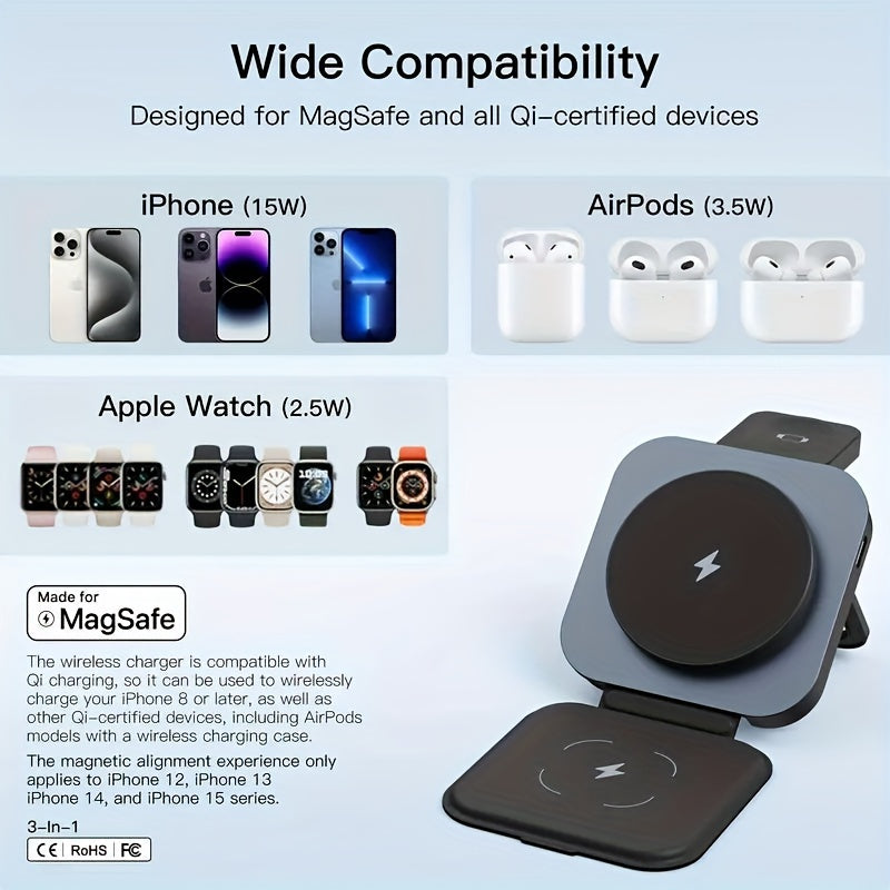 Vibewiz 3-in-1 Foldable Charger for Apple Devices, Compatible with iPhone 17, 12, Watch Series 1, 9, and AirPods