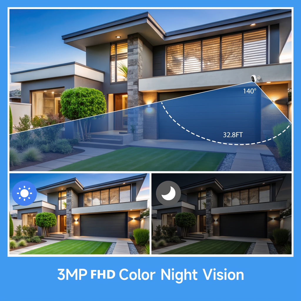 Solar Powered Outdoor Wireless Security Camera, 1296P FHD, 3MP FHD Video Resolution, Battery Powered CCTV Camera 2.4GHz WIFI Camera for Home Security, Cloud/SD, AI Motion Detection, Spotlight, IP65 Color Night Vision, 2-Way Audio Surveillance Camera