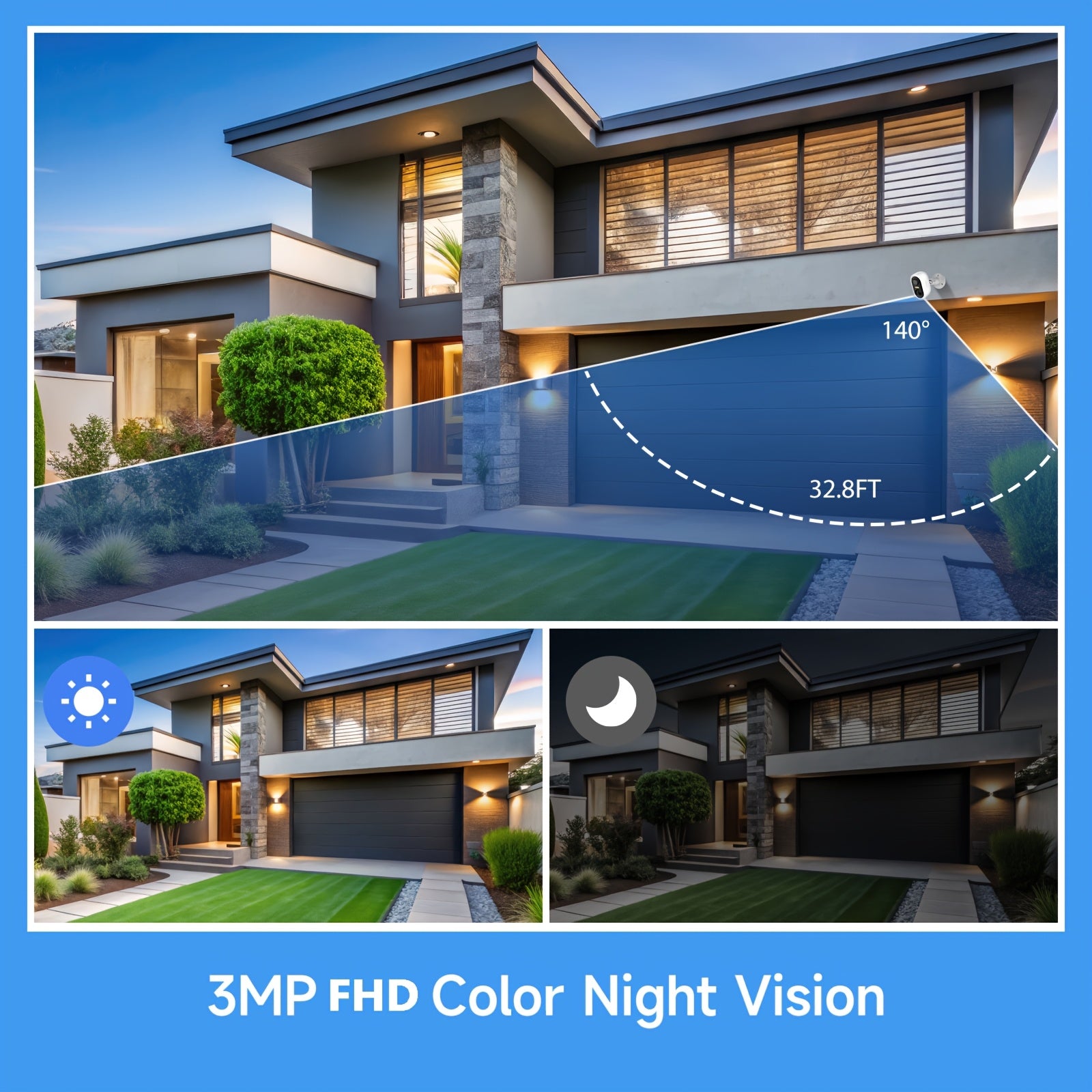 Solar Powered Outdoor Wireless Security Camera, 1296P FHD, 3MP FHD Video Resolution, Battery Powered CCTV Camera 2.4GHz WIFI Camera for Home Security, Cloud/SD, AI Motion Detection, Spotlight, IP65 Color Night Vision, 2-Way Audio Surveillance Camera