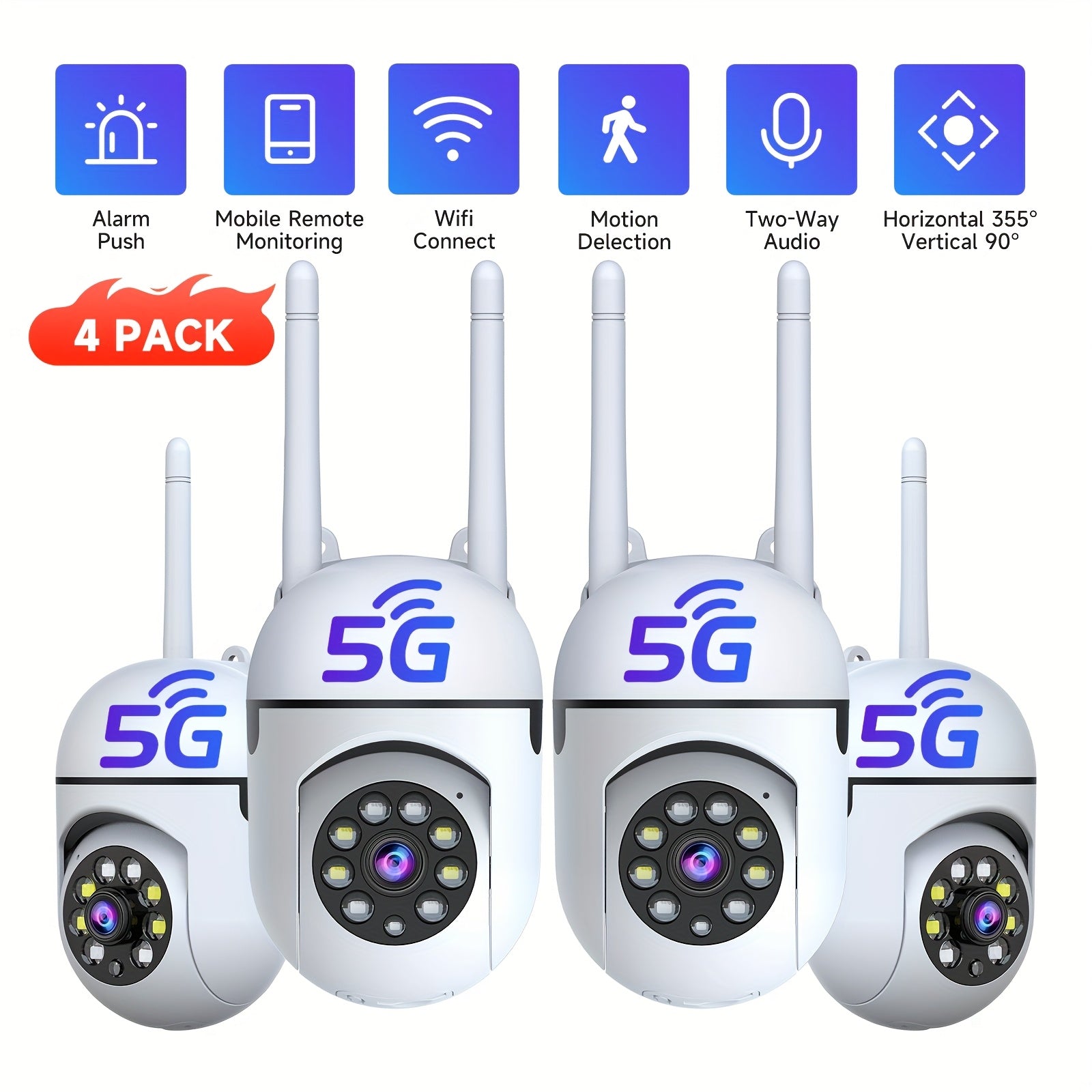 4Pcs 5G Wireless Wi-Fi Security Cameras For Indoor/Pet/Family Use, Ai Functions And 360°Pan/Tilt/Zoom, Color Night Vision, Motion Detection & Tracking, Two-Way Audio & Visual Alerts, Wall-Mounted, Support Cloud & Sd Card Storage, Plug-In Powered