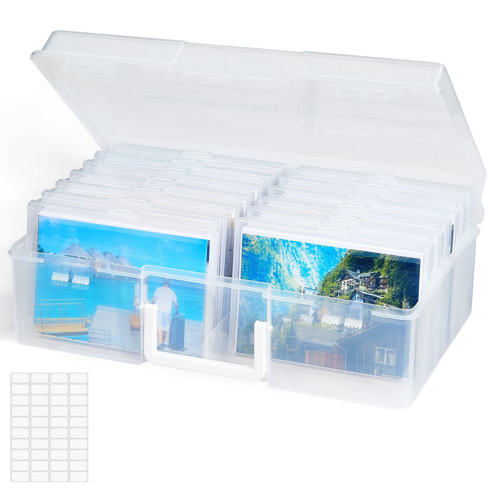 Photo Storage Box 4x6 Photo Case, 14 Inner Photo Keeper, Clear Photo Boxes Storage with 1 Sheet Label Sticker, Plastic Craft Storage Box with lids for Cards Pictures Stamps Office Supplies