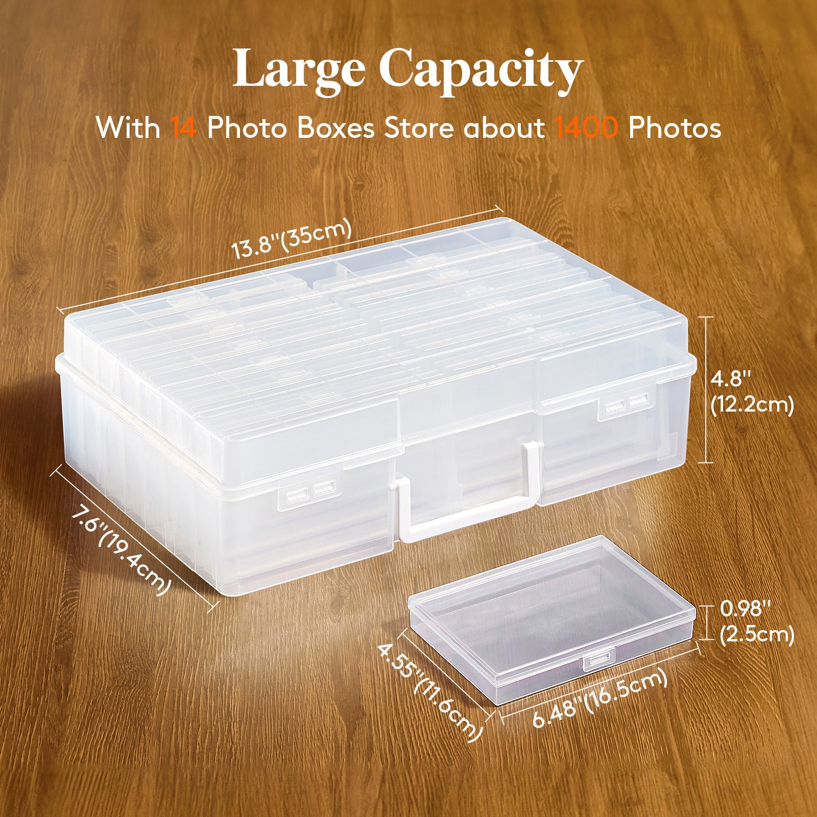 Photo Storage Box 4x6 Photo Case, 14 Inner Photo Keeper, Clear Photo Boxes Storage with 1 Sheet Label Sticker, Plastic Craft Storage Box with lids for Cards Pictures Stamps Office Supplies