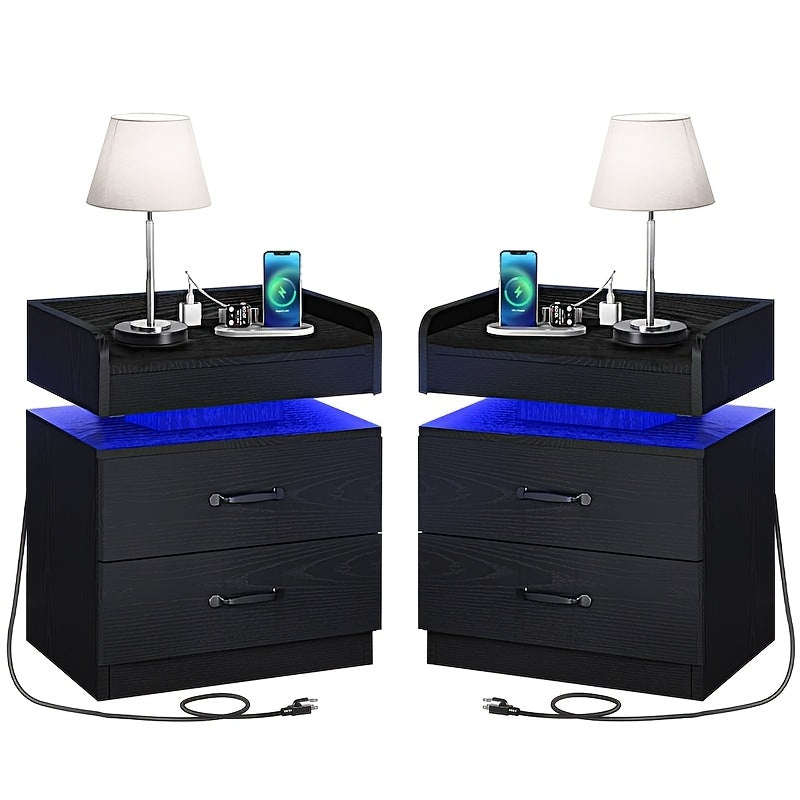 Modern LED Bedside Table with Charging Station, Wooden Bedside Table with Fabric Drawers And Blue LED Lighting, Stylish Bedroom Or Living Room End Table, Ambient Lighting Furniture with Fashionable Design And Multifunctional Drawer Design Gifts.