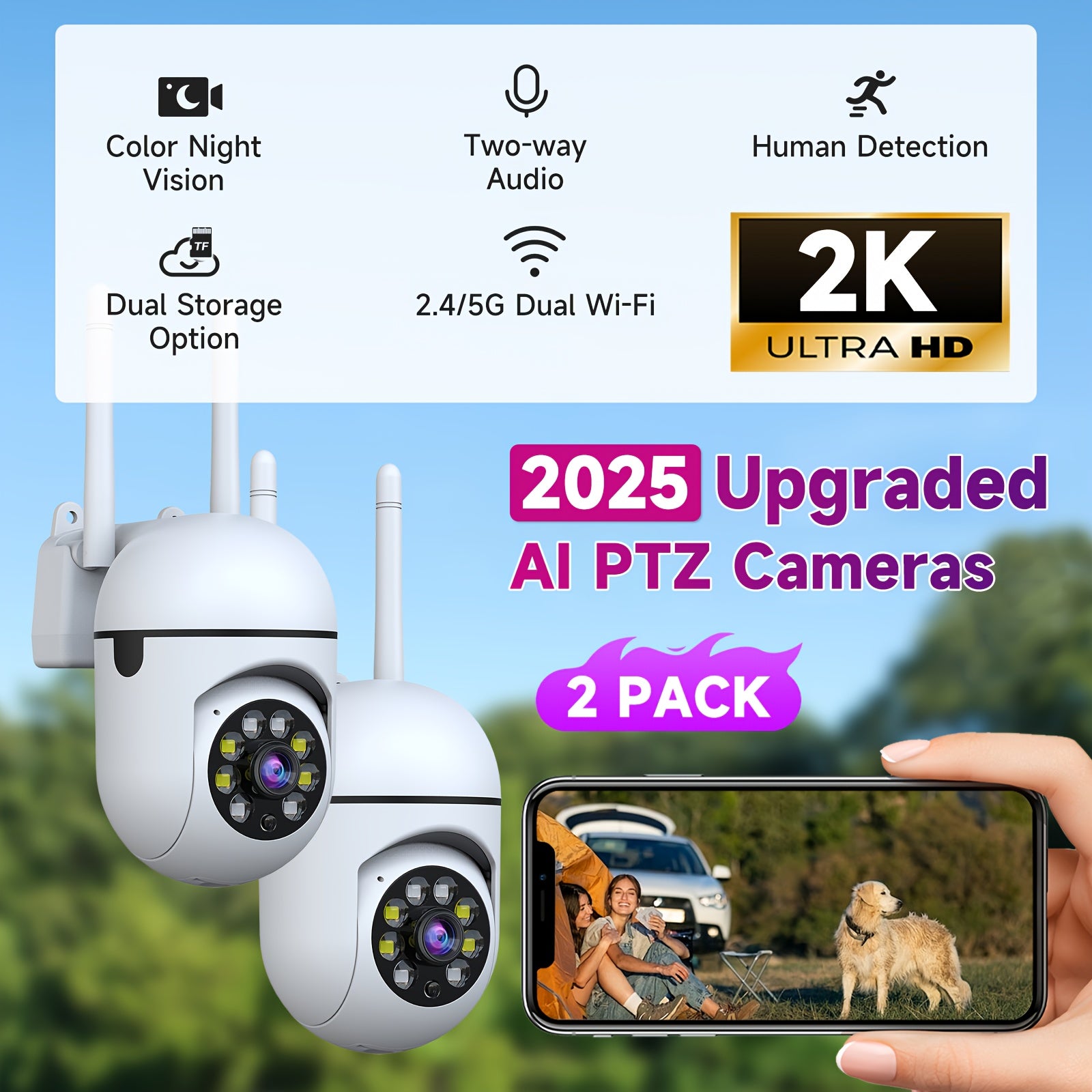 2pcs Dual-Band 2.4/5G WiFi Security Wireless Camera, 355° Pan, AI Motion Detection, Two-Way Audio, Color Night Vision, Cloud & SD Storage, Baby Monitor, Perfect Festival Gifts