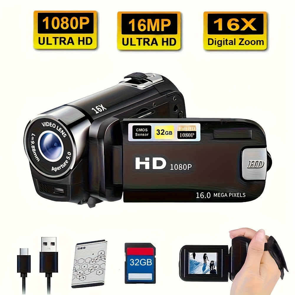 1080P Portable Digital Camcorder, Rotate Screen Digital Camera with Rechargeable Battery And 32G Memory Card Support Selfie, Suitable for Travel Photograph And Friend Gathering And Growth Recording