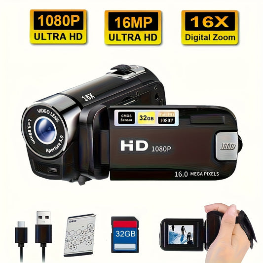 1080P Portable Digital Camcorder, Rotate Screen Digital Camera with Rechargeable Battery And 32G Memory Card Support Selfie, Suitable for Travel Photograph And Friend Gathering And Growth Recording
