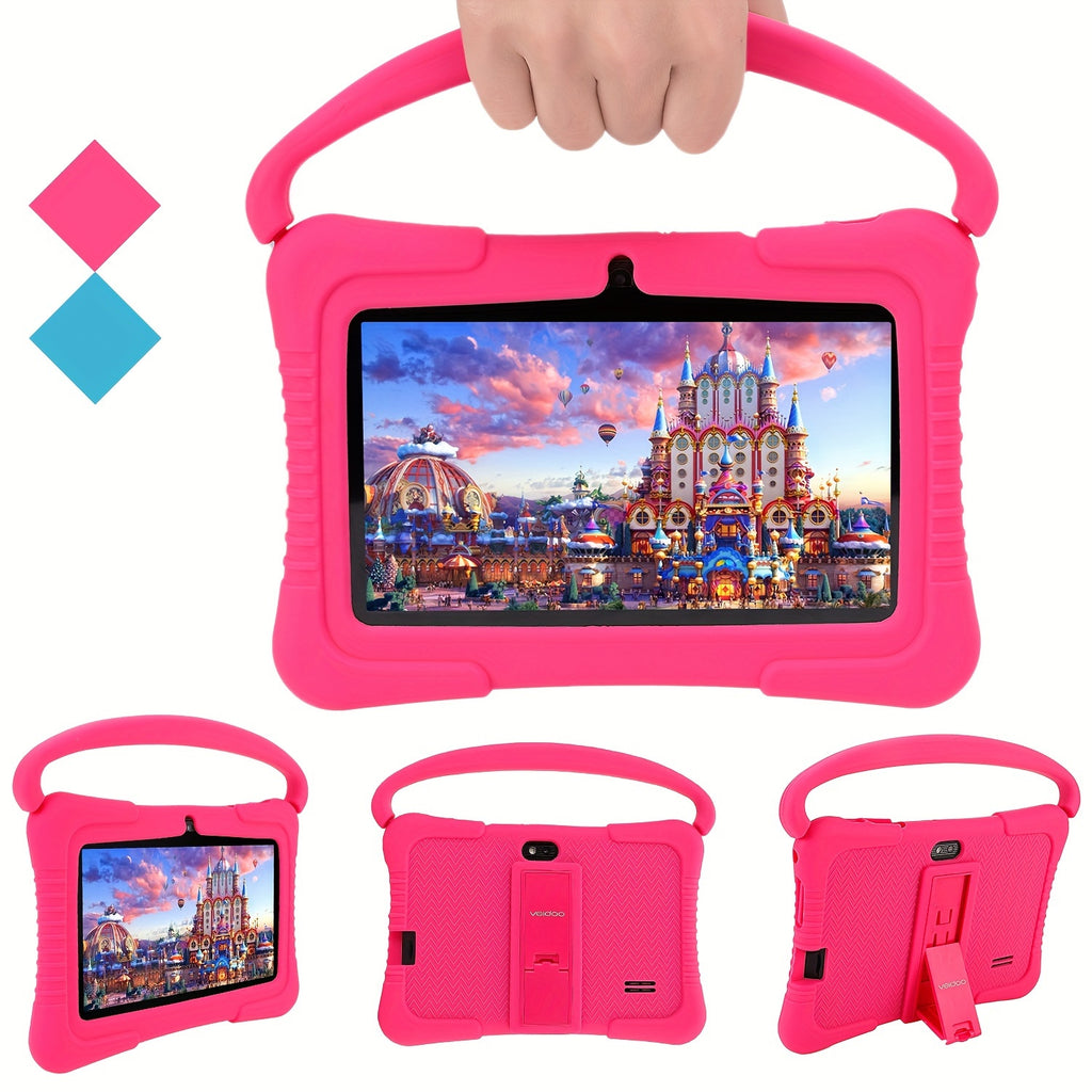 [Android Tablet] Veidoo 7-Inch Kids Tablet, 1GB RAM 16GB ROM / 2GB RAM + 32GB ROM, Eye-Protection Screen, WiFi, Dual Cameras, Educational Games, Parental Control App, Android Tablet With Drop-Proof Silicone Case (Pink)