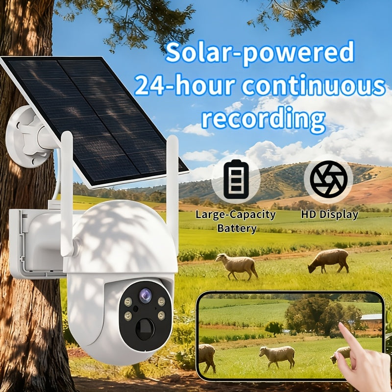 A Solar-Powered Security Camera Featuring AI Detection, Sound And Light Alerts, App-Controlled Pan/Tilt Functionality, Color Night Vision, Wi-Fi Connectivity, 3MP HD Resolution, Two-Way Audio, Encrypted Cloud Storage, Water Resistance