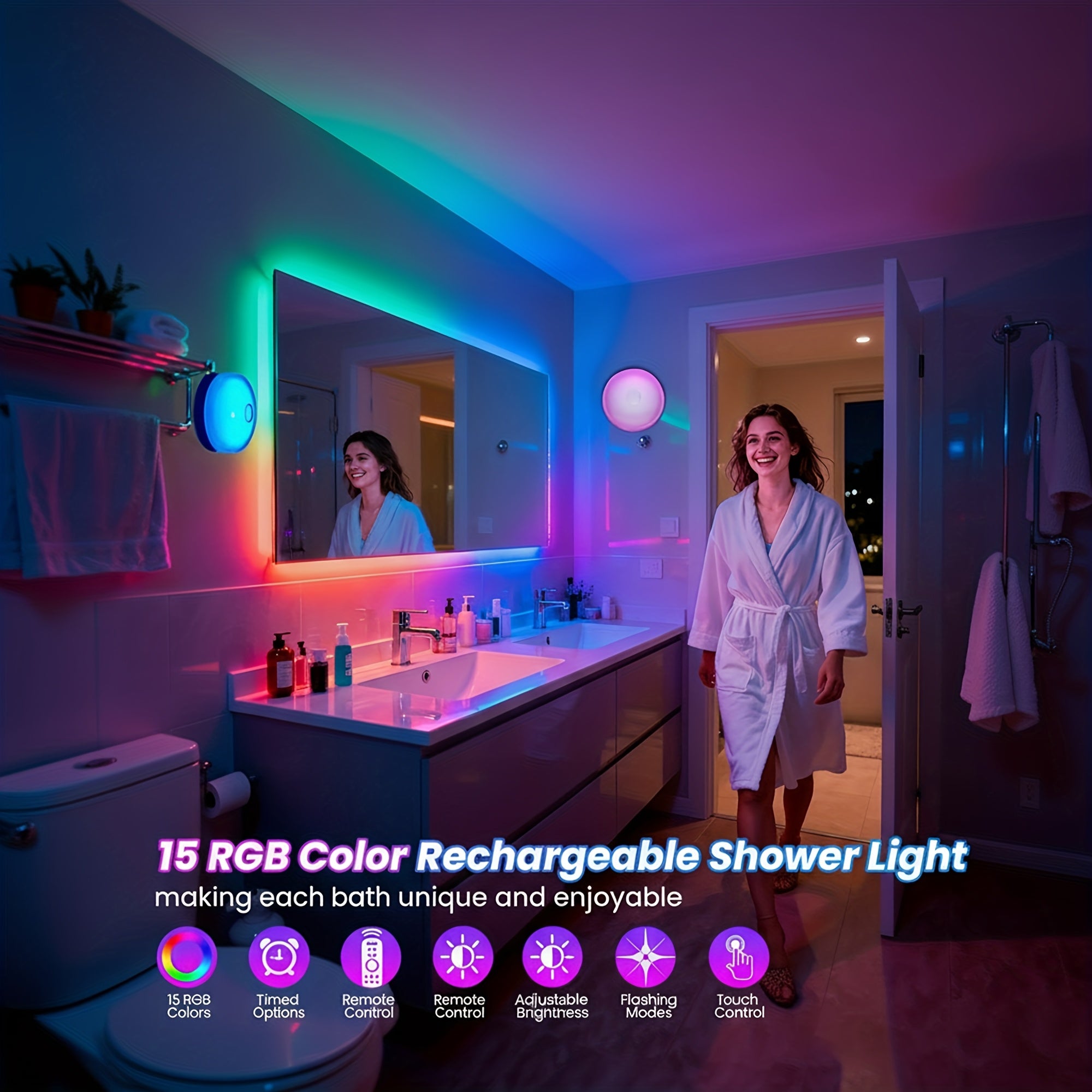 4/2-Pack Rechargeable RGBW Shower Light, 15 Color Changing Ambient Mood Lamp With Cool White, Battery Operated Magnetic Wall Sconce & Ceiling Light With Remote (Dimmable & Timer) For Bathroom, Closet, Hallway, Party Ambient Lighting, Party Decor