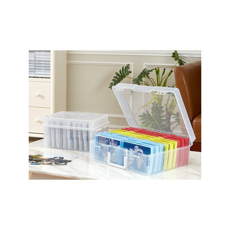 Photo Storage Box 4x6 Photo Case, 14 Inner Photo Keeper, Clear Photo Boxes Storage with 1 Sheet Label Sticker, Plastic Craft Storage Box with lids for Cards Pictures Stamps Office Supplies
