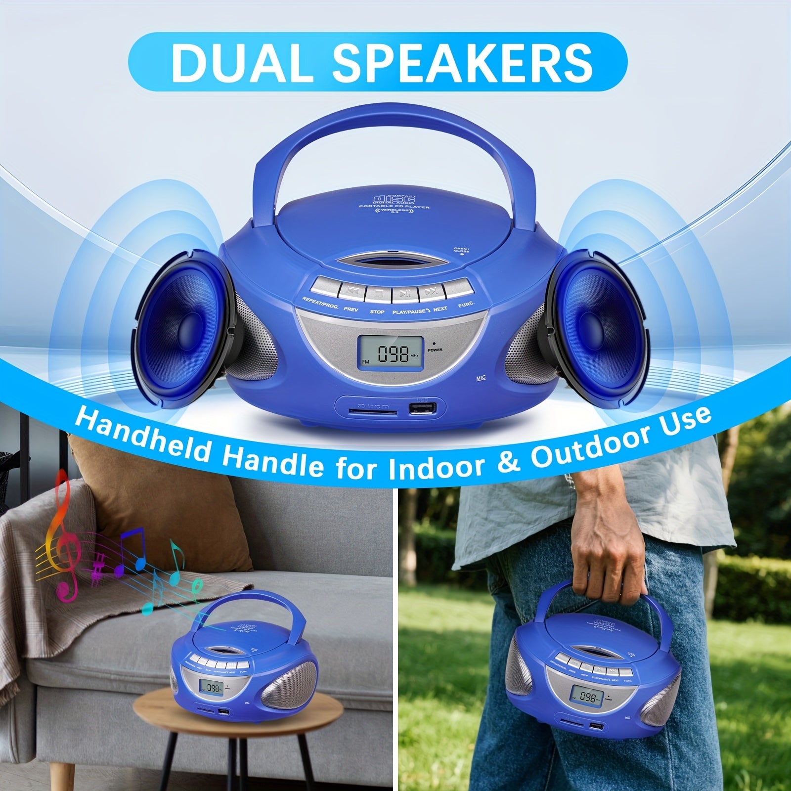 M-AMAZUP Portable CD Player Boombox with Dual Stereo Speakers, AM/FM Radio, Stereo Earphone Jack, Aux Input, USB, TF Card Player, Wireless Speaker, Multi-Functional MP3 Player, A-B Repeat, Plug & Play, 120V, M-AMAZUP