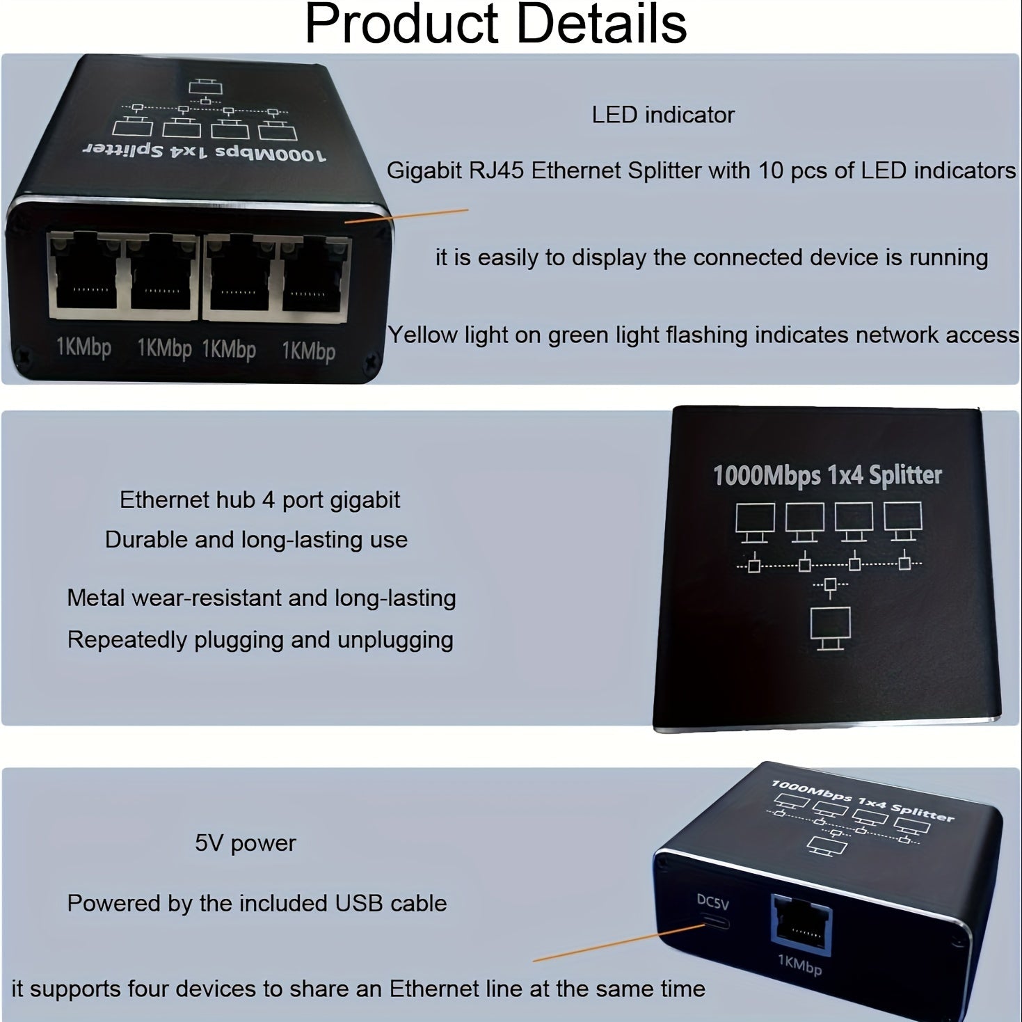 1pc Ethernet Port Splitter, 1-to-4 Adapter, High-Speed Network Extender with USB Power Cable, Network Adapter Switch for Simultaneous Networking of Four Devices