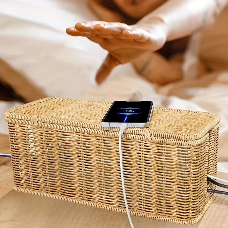 Desktop Cable Management Box with Lid & Imitation Rattan Woven Cover - Cord Suitable for Power Strips, Outlet Cover, Cable Storage Box for Home Office,, Desk - Cord Concealer for Power Strip, Data Cable Holder, Space-Saving